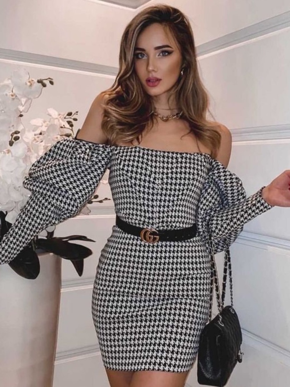 Miss Circle Yesly Houndstooth Puff Sleeve Off the Shoulder Mini Dress Small